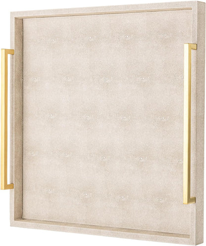 XIGEXIGE Ivory Shagreen Decorative Tray Large Rectangle Coffee Table Tray for Ottoman Faux Leather Serving Tray with Brushed Gold Handles