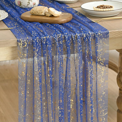 Artoid Mode Beige Gold Gauze Table Runner 120 Inch 10FT, Glitter Metallic Foil Sheer Dining Wedding Anniversary Holiday Birthday Table Decor for Home Party