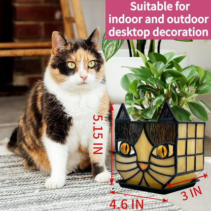 Tiffany Stained Glass Fun Moon Sleeping Cat Planter，Cactus Planter，Cute Planters for Indoor Plants,Decorative Flower Pots As Gifts for Cat Lovers，4.6x3x5.15 in