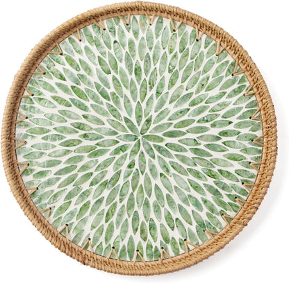 Round Rattan Tray with Mother of Pearl Inlay, Decorative Wicker Serving Tray with Wooden Base, Woven Basket Trays for Bread Fruits Coffee, Leaf