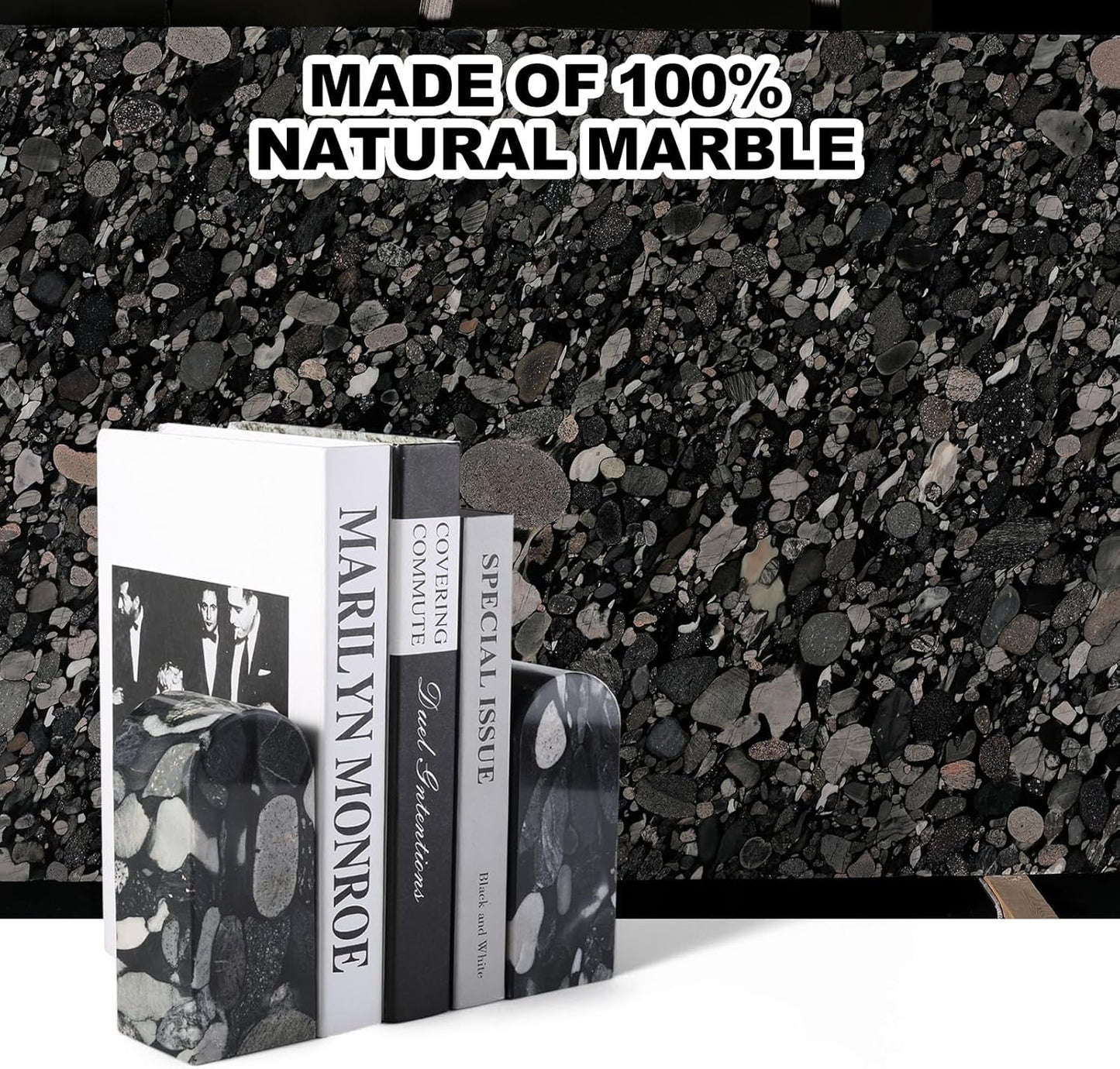 Koville African Natural Marble Bookends for Shelves, Non-Slip Book Ends, 13LBS Ultra Heavy Duty Marble Book Holder Organizer, Apartment Decor for Movies/CD/Video Games(Namib Fantasy)