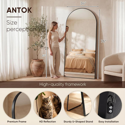 Antok 71" x28” Arched Full Length Floor Mirror, Black Aluminum Frame, Free Standing/Wall Mount/Leaning for Bedroom, Living Room, Dressing Room