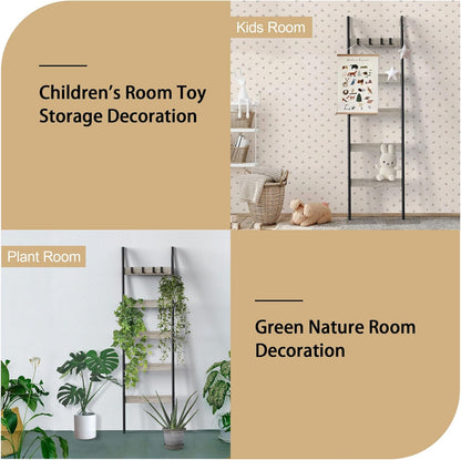 Blanket Ladder, 5-Tier Towel Holder with 4 Removable Hooks, Farmhouse Wall Leaning Decorative Rack Shelf, Wooden Towel Display Rack, Quilt Ladder for Living Room, Bedroom, Rustic Brown