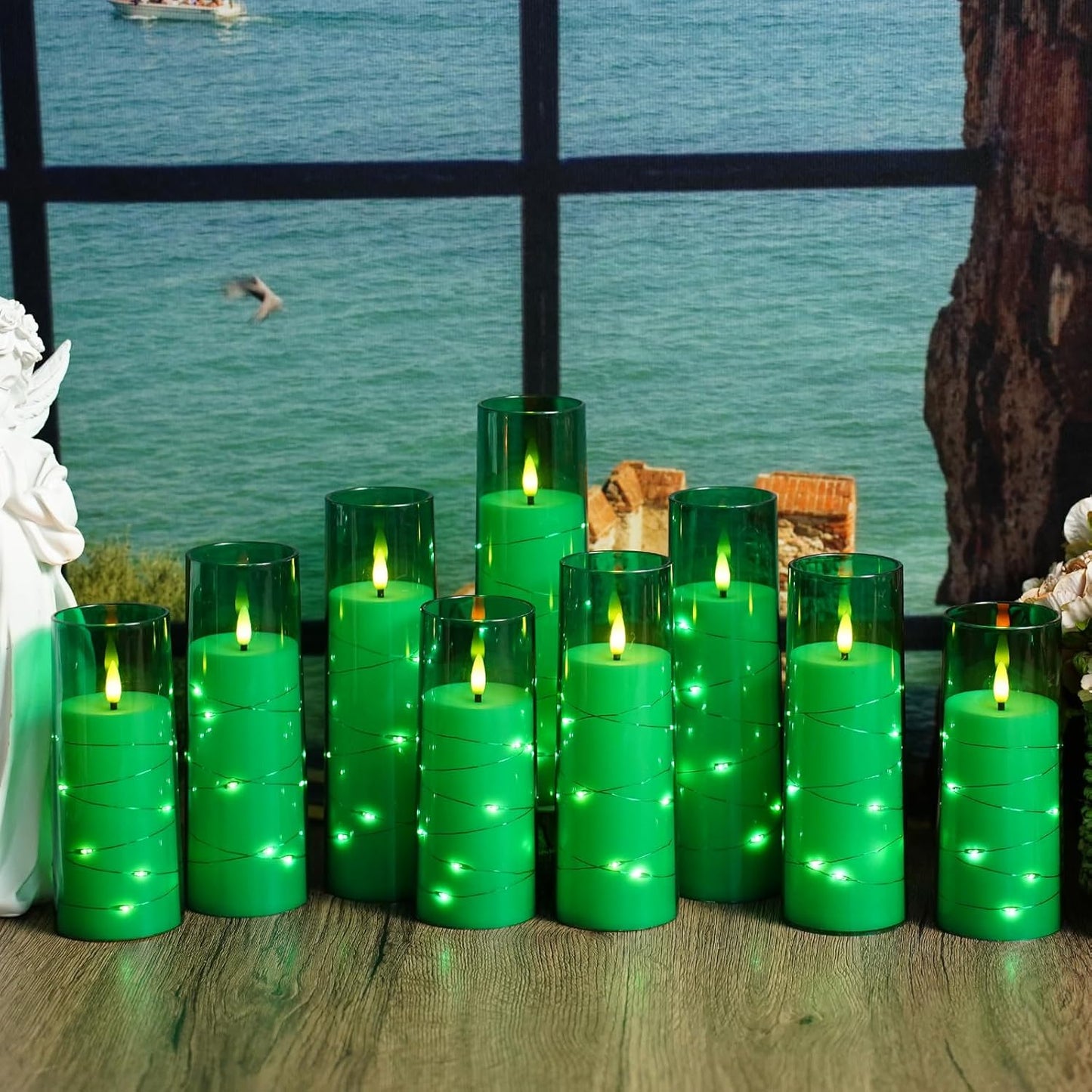Nimiko Flickering Flameless LED Candles, 9 Pcs with Embedded Star String, Acrylic LED Pillar Candles with Remote, Suitable for Home Decoration (White)