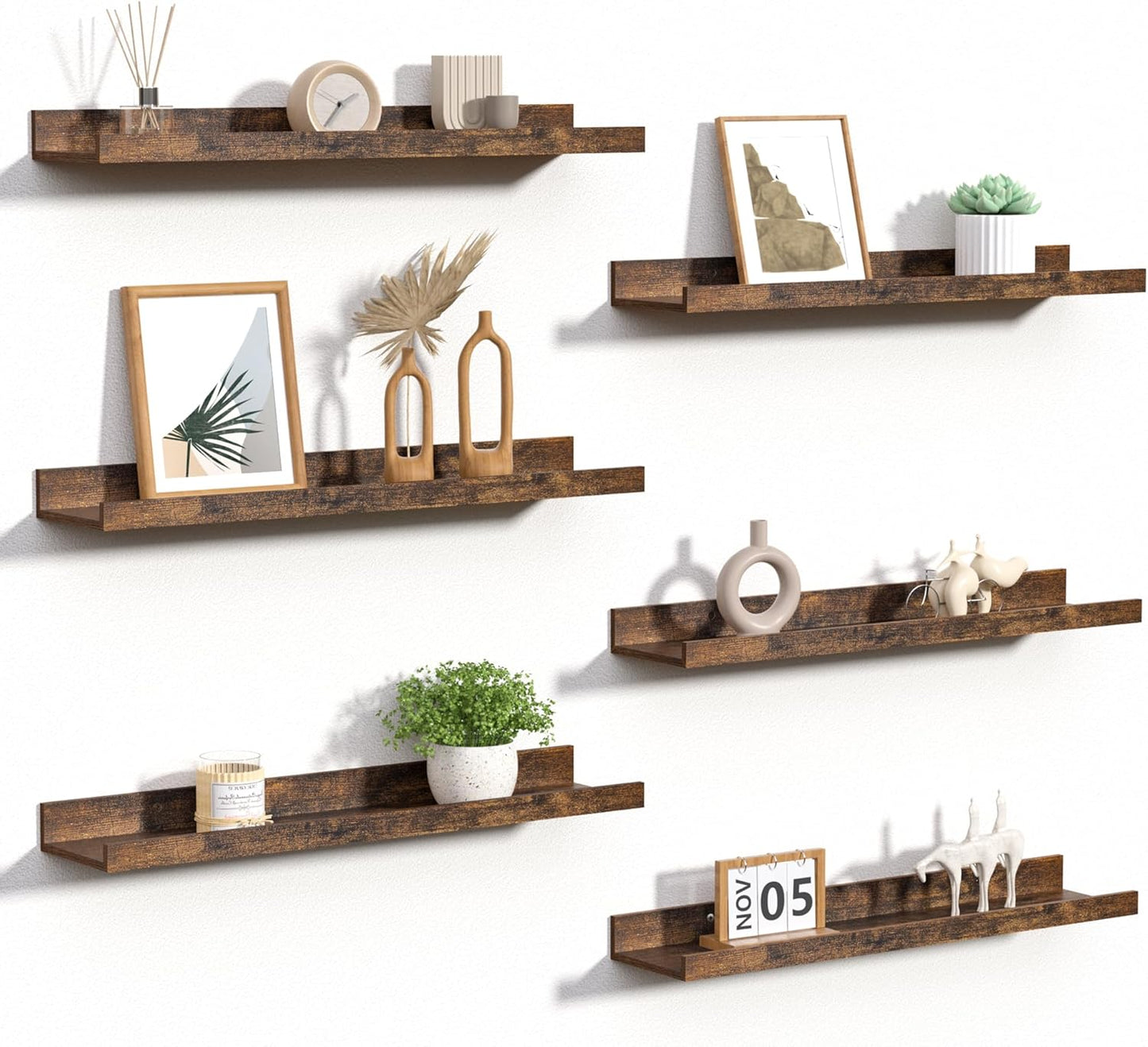 upsimples 6 Pack Wooden Floating Shelves, Wall Storage Decor Shelf for Bathroom, Bedroom, Living Room, Kitchen, Office and Laundry Room, Wall Mounted Display Hanging Shelf, Brown