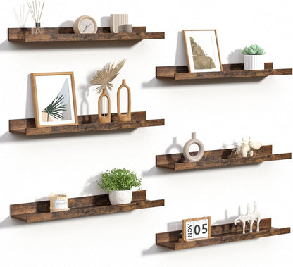 upsimples 6 Pack Wooden Floating Shelves, Wall Storage Decor Shelf for Bathroom, Bedroom, Living Room, Kitchen, Office and Laundry Room, Wall Mounted Display Hanging Shelf, Brown