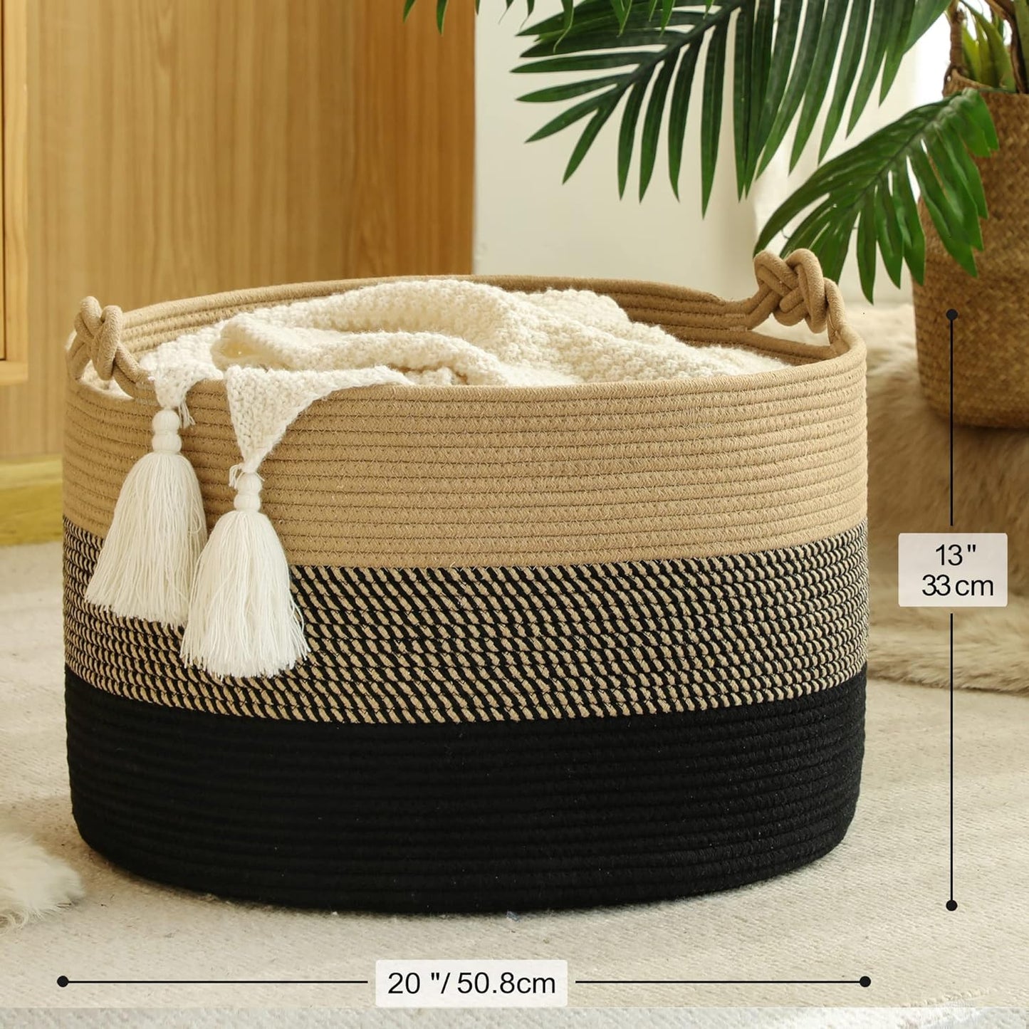 KAKAMAY Large Blanket Basket (20"x13"),Woven Baskets for storage Baby Laundry Hamper, Cotton Rope Blanket Basket for Living Room, Laundry, Nursery, Pillows, Baby Toy chest (White/Brown)