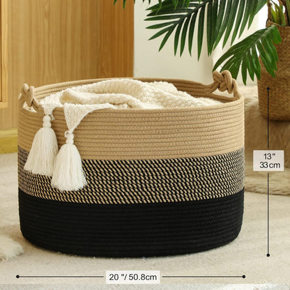 KAKAMAY Large Blanket Basket (20"x13"),Woven Baskets for storage Baby Laundry Hamper, Cotton Rope Blanket Basket for Living Room, Laundry, Nursery, Pillows, Baby Toy chest (White/Brown)