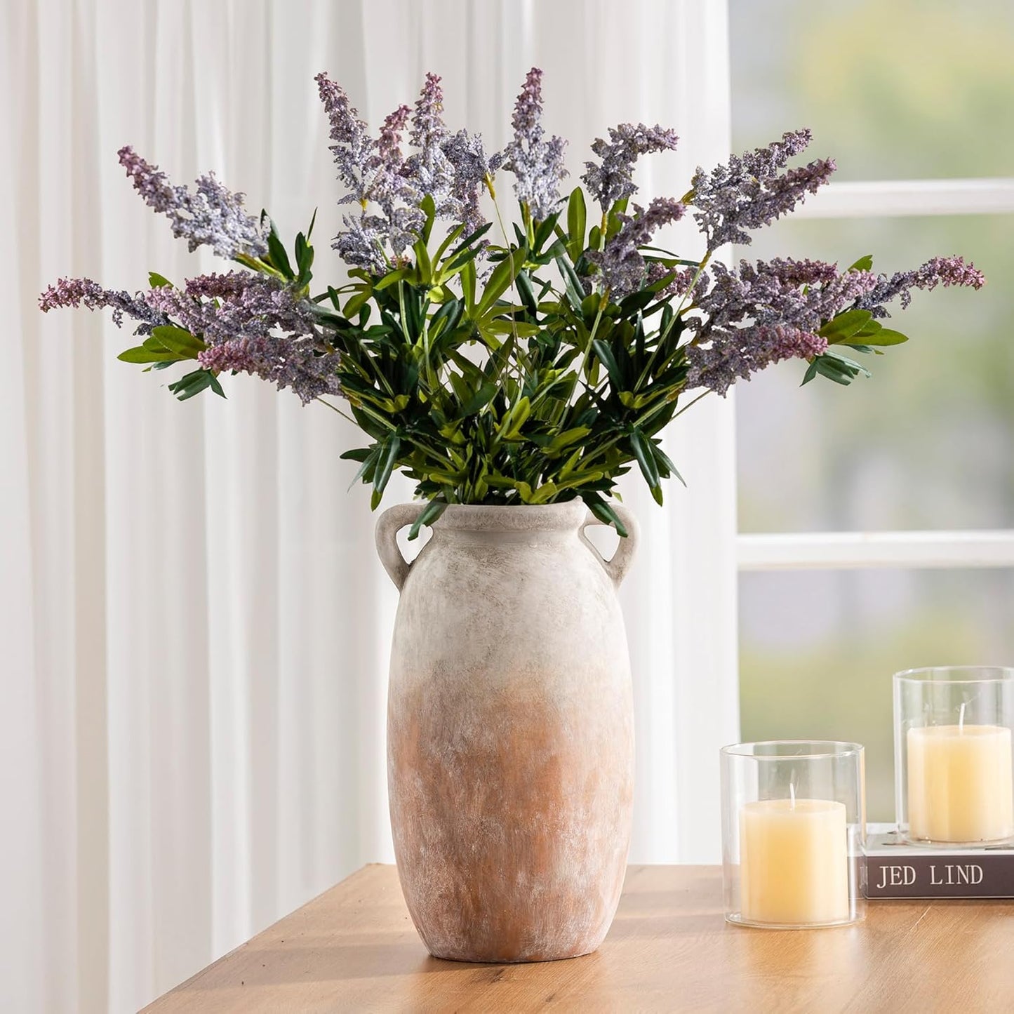 Dobbyby Ceramic Flower Vase 7.6 inch Farmhouse Rustic Vase Decorative Pottery Terracotta Vases for Home Decor Table Mantle Fireplace Living Room Bathroom Wedding Centerpiece (Whitewashed)