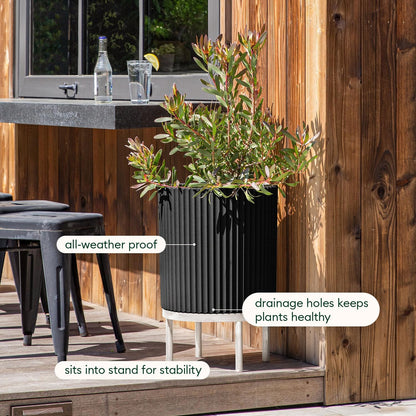 Veradek Demi Series Round Planter w/ Stand for Porch/Patio | Durable Plastic-Concrete & Wooden Stand | Modern Décor for Tall Plants, Flowers