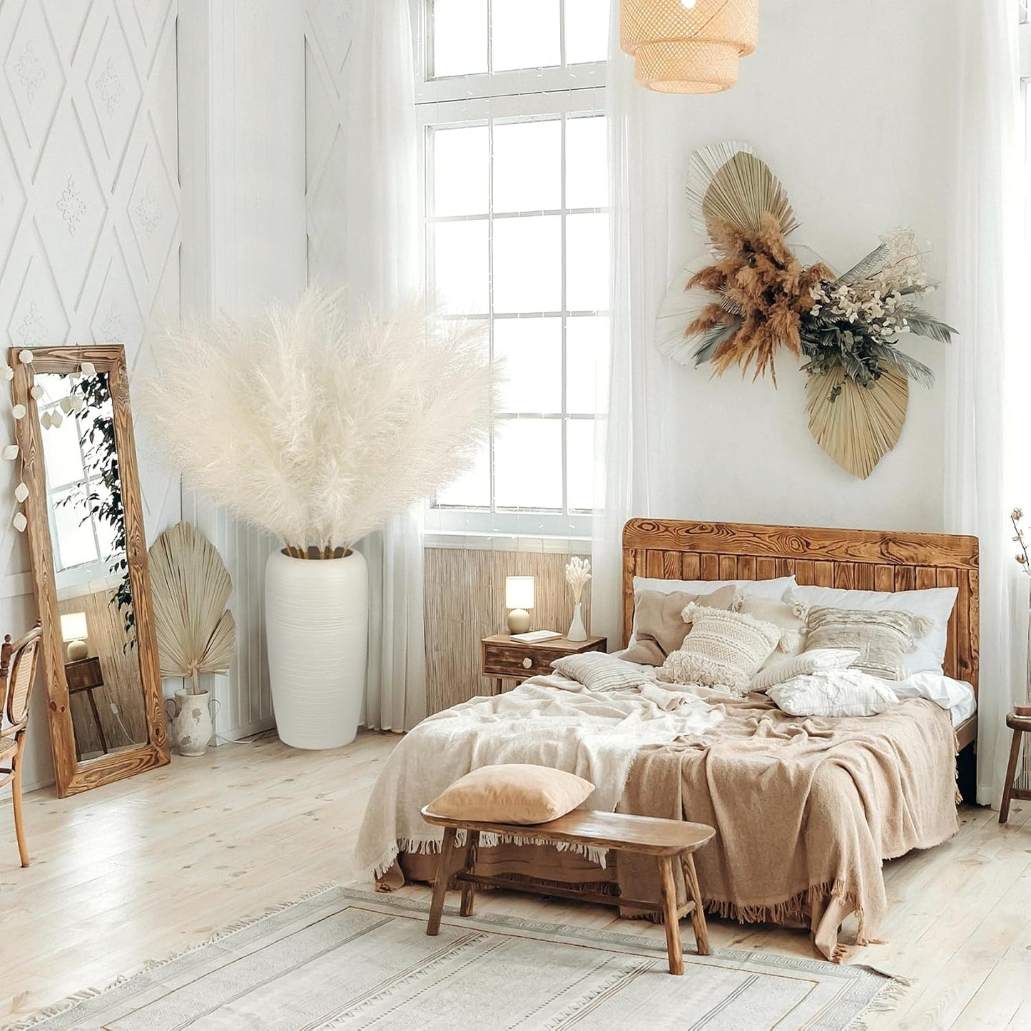 Ouddy Decor 8 Pcs Faux Pampas Grass Decor 38''/97cm Tall Artificial Large Pompous Pompas Floral Fluffy Fake Plants Floor Vase Filler for Wedding Kitchen Home Boho Decorations, Mixed Beige
