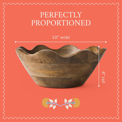 Mela Artisans 12-Inch Mango Wood Scalloped Bowl - Hand-Finished Decorative Serving and Fruit Bowl with Natural Grain for Kitchen Counter, Snacks, Desserts, Bread and Home Decor Centerpiece