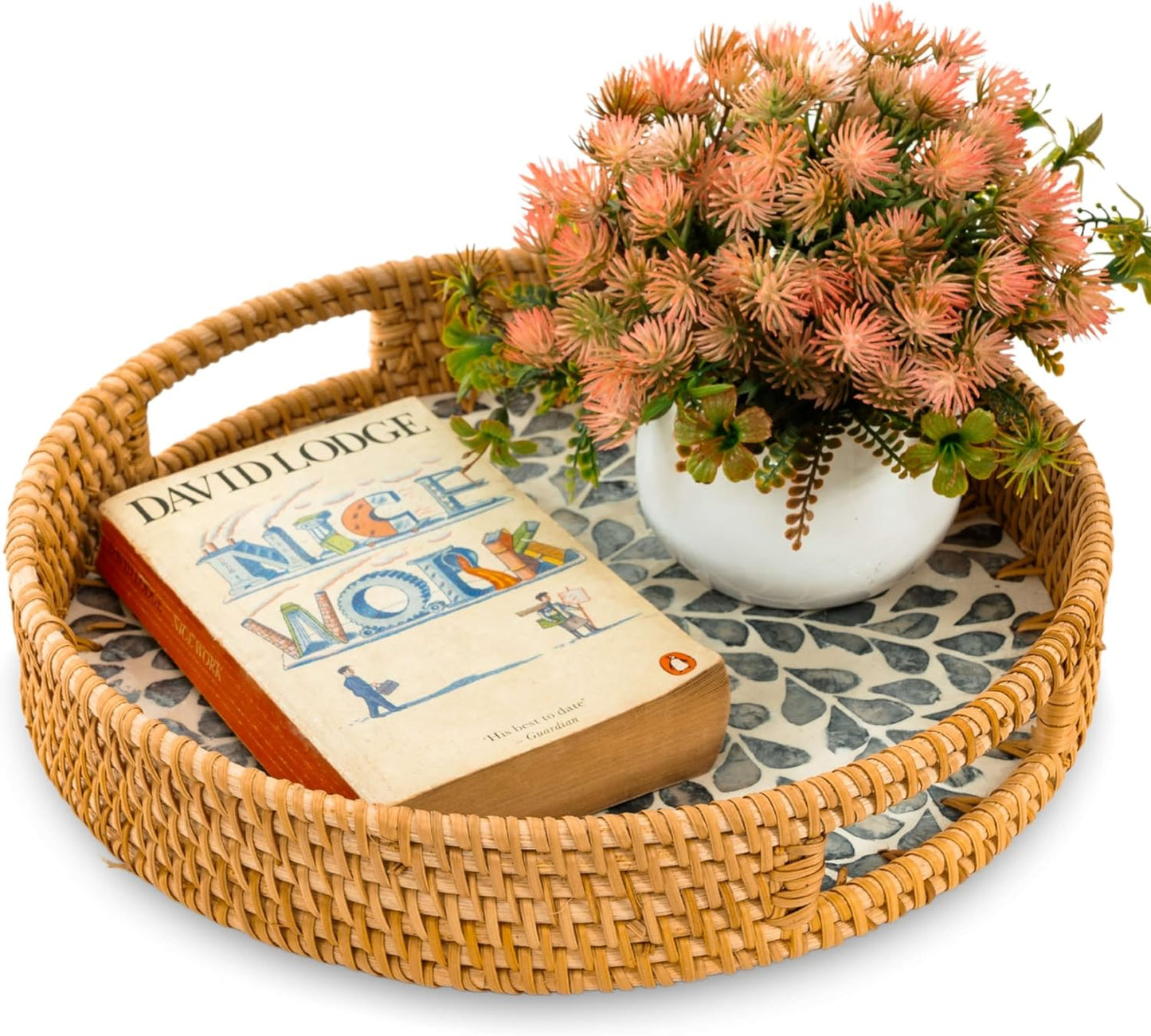 KOLWOVEN Round Rattan Tray with Handle, Rattan Serving Tray with Mother of Pearl Inlay Wooden Base, Decorative Wicker Basket for Table Decor (Blue Leaves)