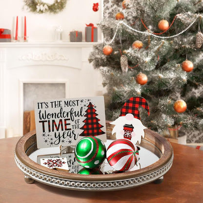 KULEDM Handmade Wooden Decorative Tray, Small Beaded Coffee Table Tray Decor, Sage Round Serving Tray for Coffee Table, Dining Room Table Entryway and Living Room Table
