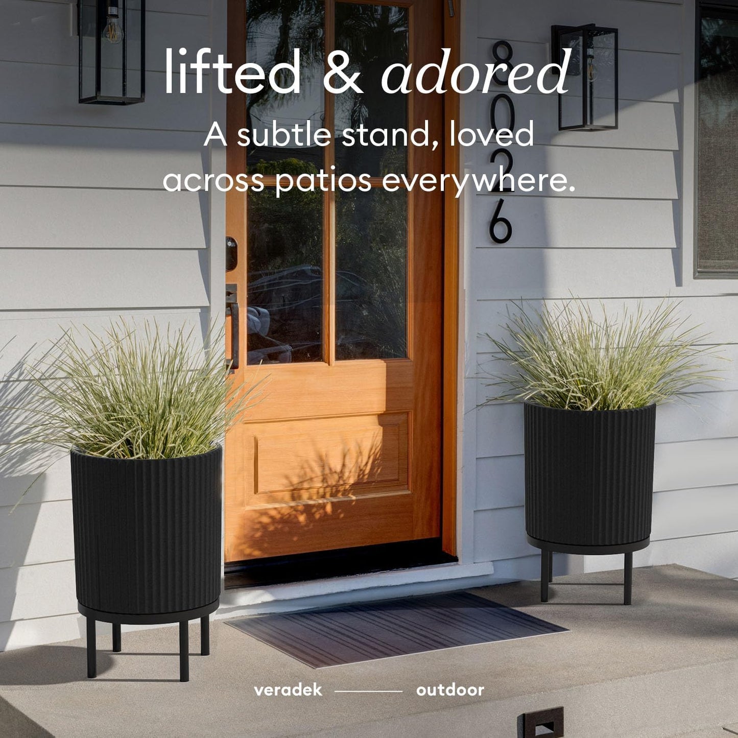 Veradek Demi Series Round Planter w/ Stand for Porch/Patio | Durable Plastic-Concrete & Wooden Stand | Modern Décor for Tall Plants, Flowers