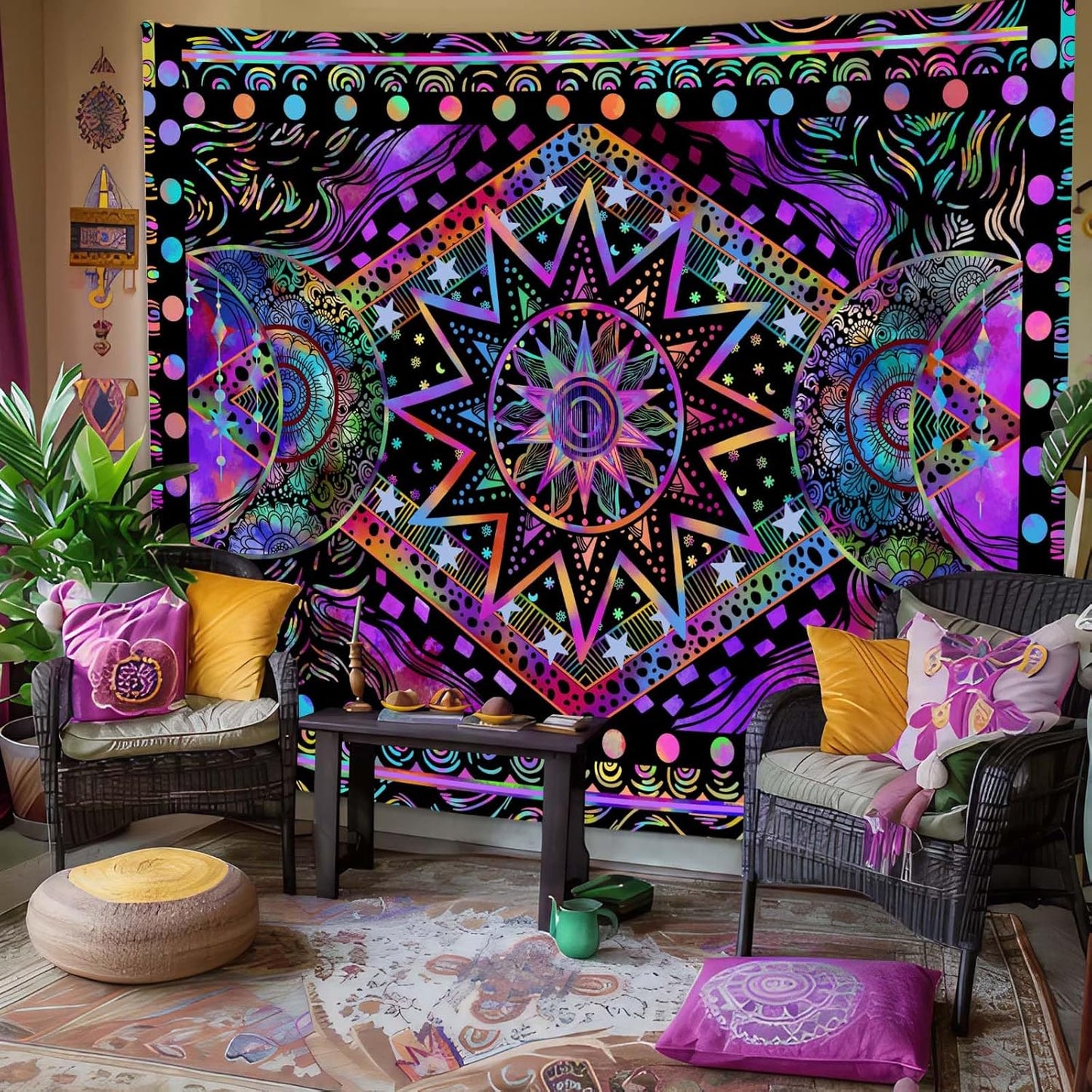 Fowocu Orange Sun and Moon Tapestry Wall Hanging, Indie Hippie Mandala Cool Wall Tapestries, Aesthetic Tapestry for Bedroom Living Room Dorm (Orange, 30'' × 40'')