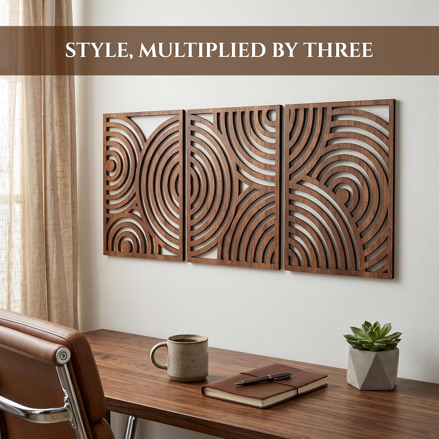 qmmp Modern Wooden Wall Sculptures - Set of 3 - Home Decor Accent - Large Wall Art for Living Room, Bedroom, Office - Easy Installation (Oak, Medium - Mountain and Sun)