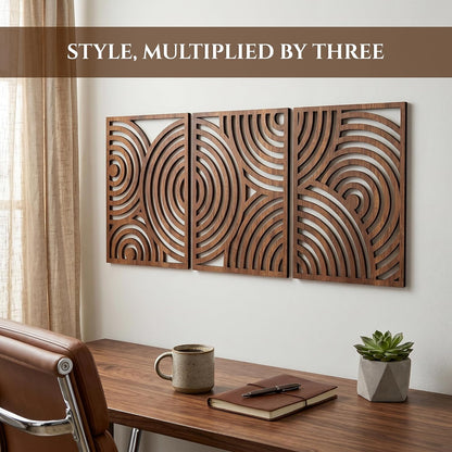 qmmp Modern Wooden Wall Sculptures - Set of 3 - Home Decor Accent - Large Wall Art for Living Room, Bedroom, Office - Easy Installation (Oak, Medium - Mountain and Sun)
