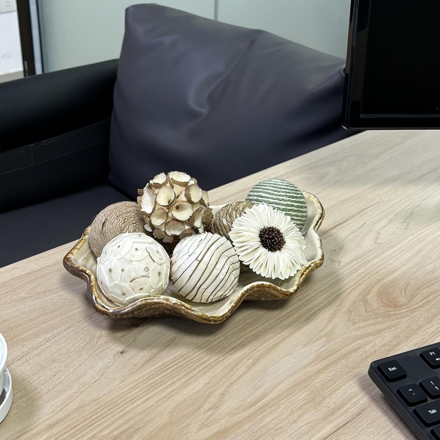 6 Pcs Decorative Balls for Centerpiece Bowls,2.36 Inch Natural Handmade Cotton Linen Orbs Balls,Wood Decorative Ball,Vase Fillers, Home Table Decor