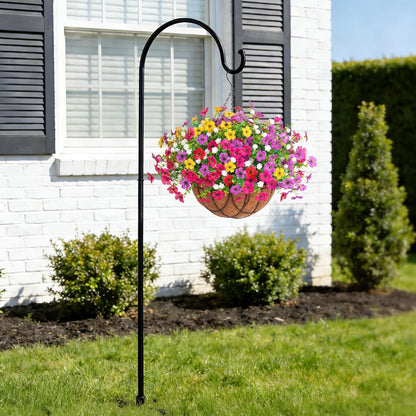 Artificial Silk Flowers Hanging Basket for Outdoor Indoor, Daisy with Eucalyptus Leaves Arrangement for Garden Yard Spring Summer Decor, Faux Green Plant in Metal Coconut Lining Pot(Red Purple)