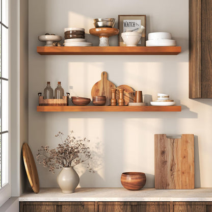 Floating Shelves 36 Inches Long - 8 Inch Deep Rustic Premium Solid Pine Wood for Storage - Farmhouse Wall Mounted for Living Room - Heavy-Duty Metal Bracket - 36" W x 8" D - Set of 2 - White Color
