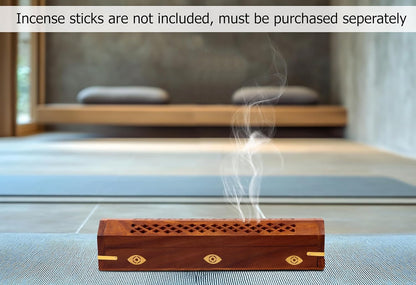 Sheesham Wood Incense Burner - Handmade Coffin Style Sun and Moon Inlay Incense Holder - Aromatherapy Room Freshener Cone Incense Stick Burner Ash Catcher - Zen Home Gift - 12x2x2 - COTTON CRAFT