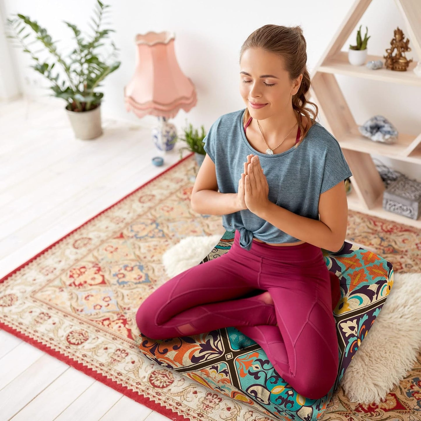 Mandala Meditation Cushion, Boho Meditation Mat, Meditation Pillows for Sitting on Floor, Cushions for Sitting in Home and Outdoor, Square Floor Pillow Cushion Seating for Yoga Accessories 22'' X 22''