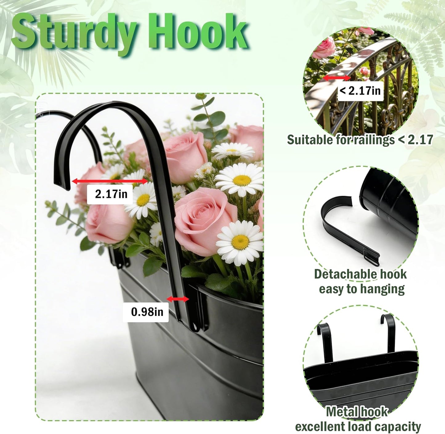 Metal Railing Planter Boxes 16 Inch, 3-Pack Adjustable Hanging Flower Pots for Balcony, Deck, Porch & Fence, Detachable Hook Design, Black Heavy Duty Planters for Outdoor