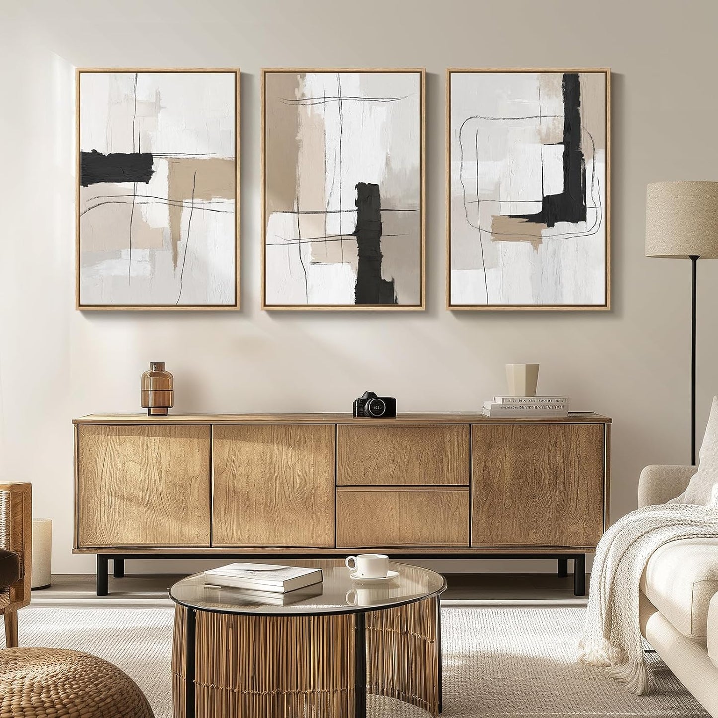 Large Framed Neutral Abstract Wall Art for Living Room, 3 Piece Modern Canvas Prints Paintings Artwork for Walls, Black and Beige Pictures for Living Room Hallway Stair Office Wall Decor 24x36 Inch