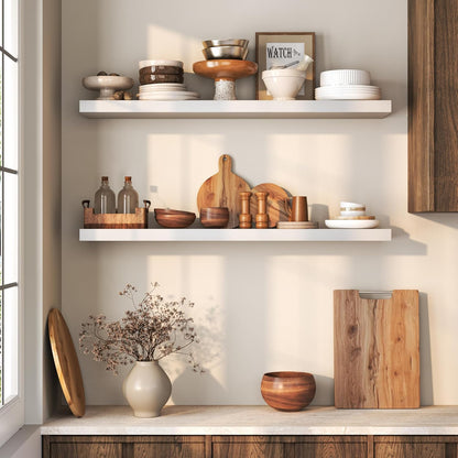Floating Shelves 36 Inches Long - 8 Inch Deep Rustic Premium Solid Pine Wood for Storage - Farmhouse Wall Mounted for Living Room - Heavy-Duty Metal Bracket - 36" W x 8" D - Set of 2 - White Color