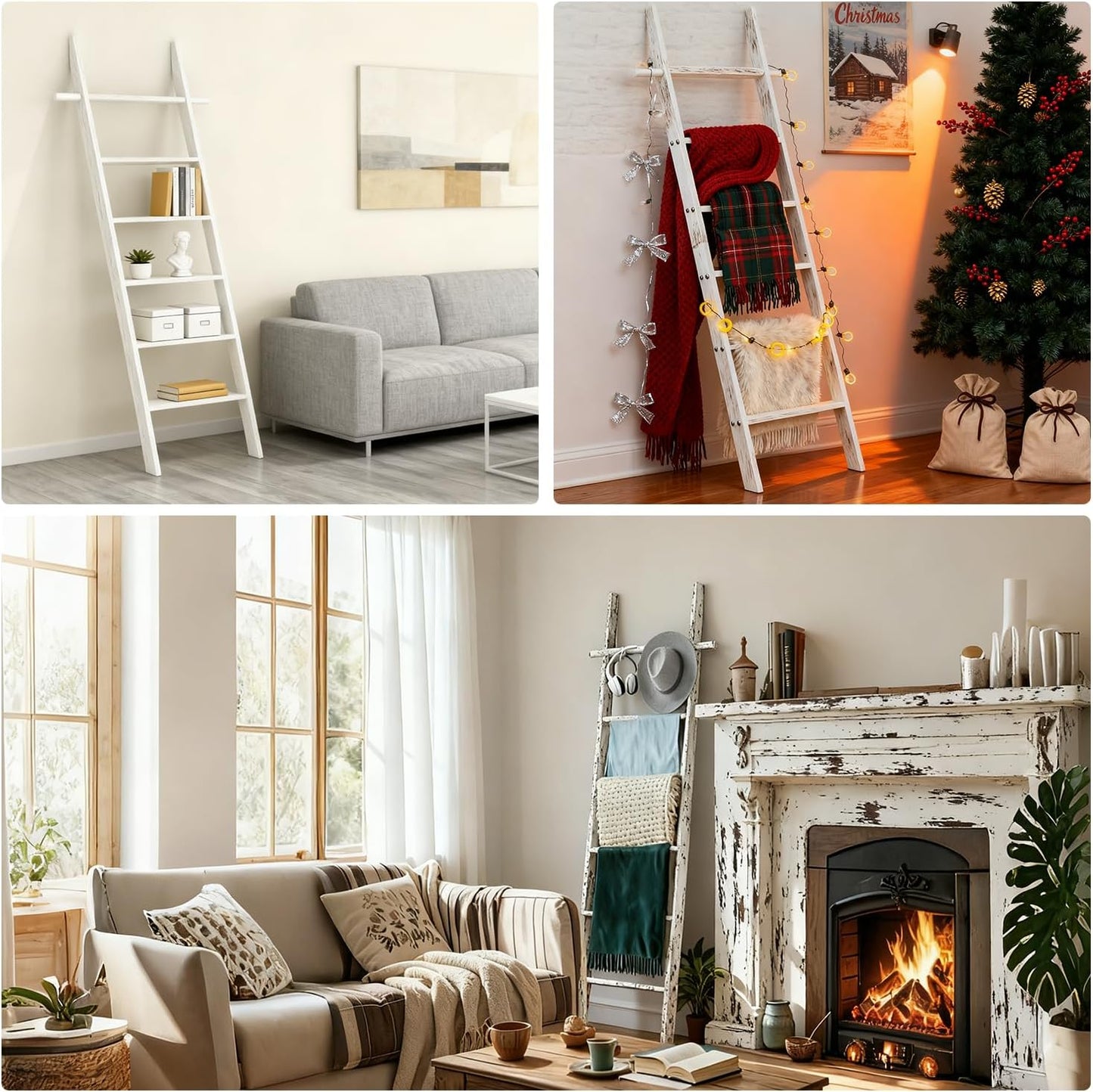 Farmhouse Wooden Blanket Ladder with Removable Hooks, 6-Tier Rustic Blanket Rack Decorative Stand, Leaning Towel Quilt Rack Holder for Bathroom Living Room Decor Brown