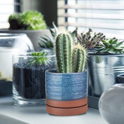 HERDUK 6 Inch Plant Pots, Ceramic Planter Pot with Drainage Hole & Saucer, Indoor/Outdoor Cylinder Round Planter Pot, Green & Beige