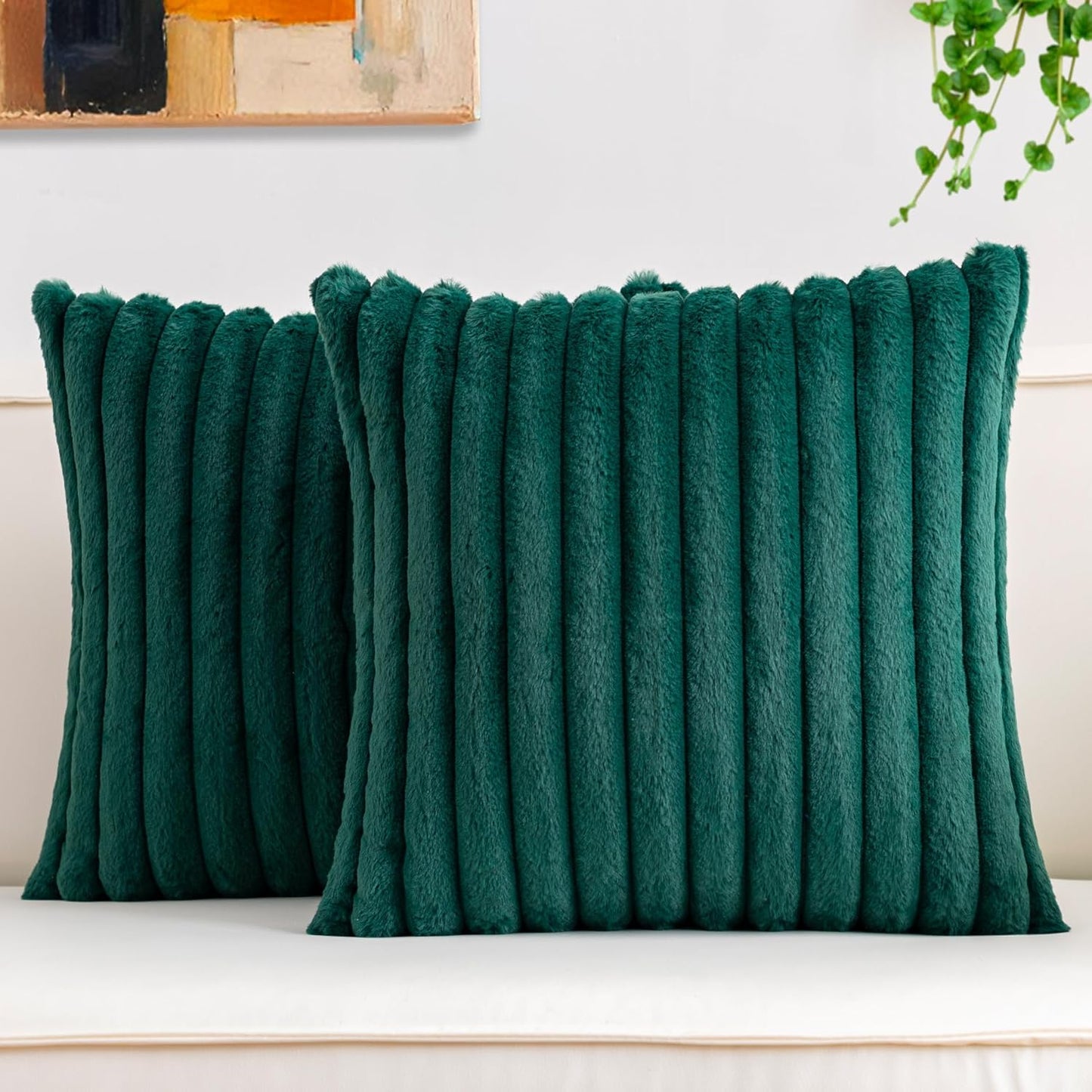 Aegero Pack of 2 Faux Fur Christmas Throw Pillow Covers 18x18 Inch, Soft Plush Striped Neutral Couch Pillow Cover, with Velvet Back Modern Home Decor for Sofa Living Room Couch Bed Cream White