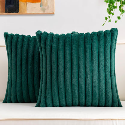 Aegero Pack of 2 Faux Fur Christmas Throw Pillow Covers 18x18 Inch, Soft Plush Striped Neutral Couch Pillow Cover, with Velvet Back Modern Home Decor for Sofa Living Room Couch Bed Cream White