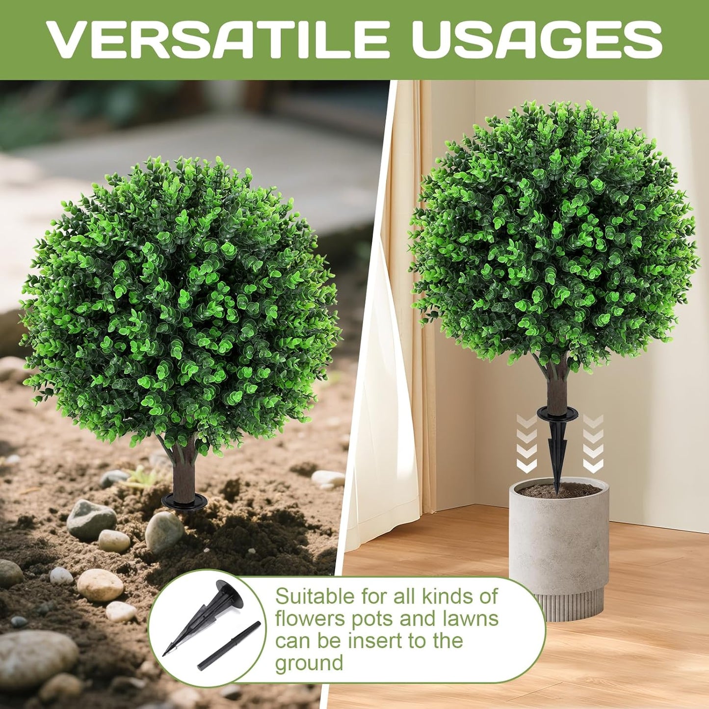 Artificial Red Eucalyptus Topiary Ball Tree 24" with Ground Spike, Set of 2 Artificial Boxwood Bushes for Faux Shrubs, Fake Evergreen Faux Plant for Indoor Outdoor Garden -UV Resistant–Fade-Proof
