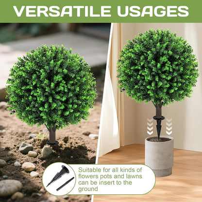 Artificial Red Eucalyptus Topiary Ball Tree 24" with Ground Spike, Set of 2 Artificial Boxwood Bushes for Faux Shrubs, Fake Evergreen Faux Plant for Indoor Outdoor Garden -UV Resistant–Fade-Proof
