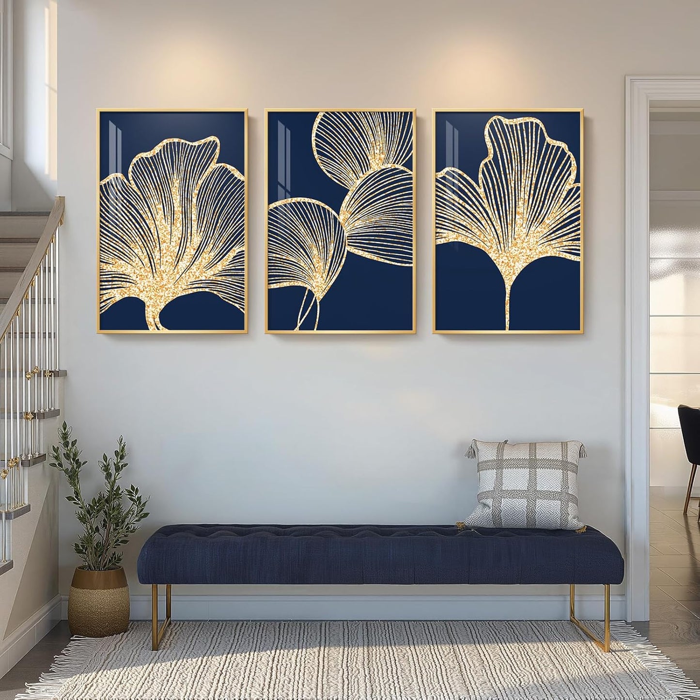 Framed Modern Luxury Gold Wall Art, Set of 3 Piece Contemporary Paintings Artwork for Walls, Golden Prints Pictures with Gold Frame, Wall Decor for Living Room, Hallway, Bedroom, Office 16x24 Inch