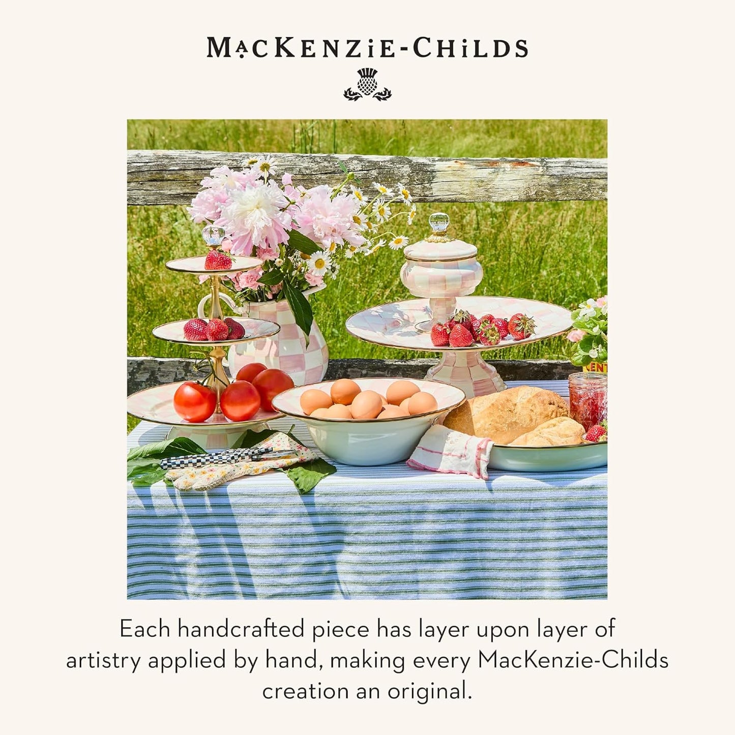 MACKENZIE-CHILDS Enamel Pedestal Serving Platter, Decorative Serving Dish for Food, Small, Black-and-White Courtly Check