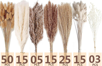65PCS Pampas Grass Decor, Including pompas Floral, Reed Dried Grass and Bunny Tails Dried Flowers, Natural Dried Pampas Grass Bouquet for Boho Decor Wedding, Home Decoration