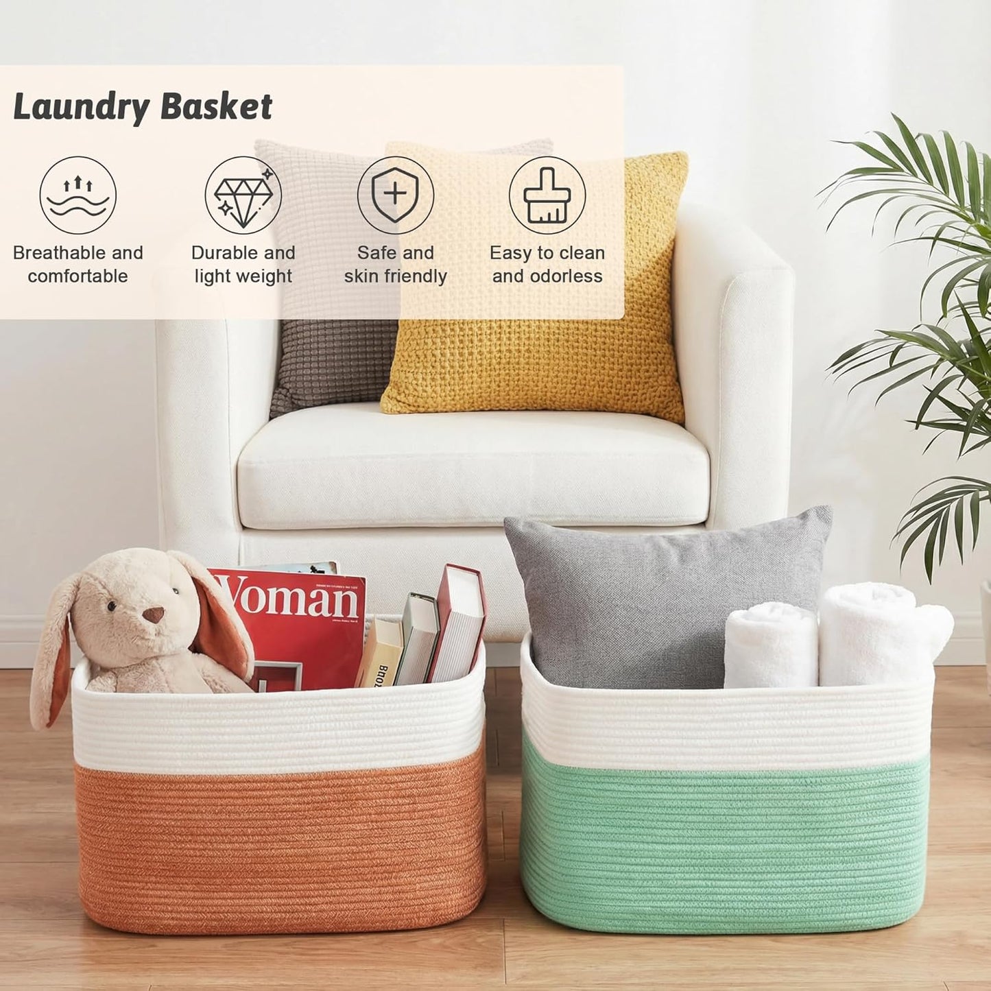 Artfeel Blanket Basket,Rectangle Woven Baskets for Storage,65L Laundry Basket for Decorative Nursery Blanket,Toys,Dirty Clothes and Magazine in Shelves,Baby Room,and Living Room