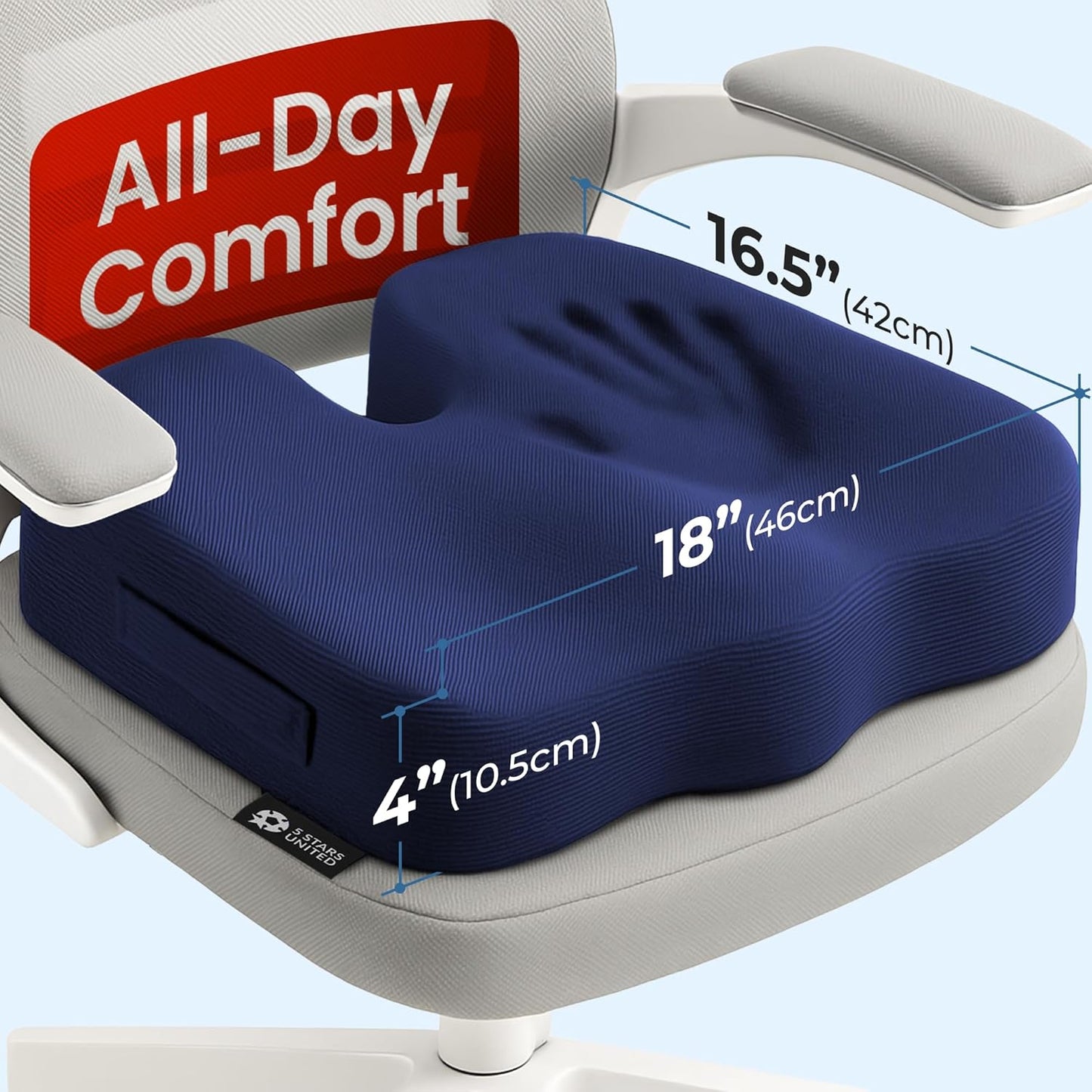 5 STARS UNITED Seat Cushion - Memory Foam Chair Cushion for Tailbone Pain Relief - Ergonomic Support for Coccyx, Sciatica & Butt - Office, Desk & Gaming Chair, Car Seat, Wheelchair, Airplane, Black
