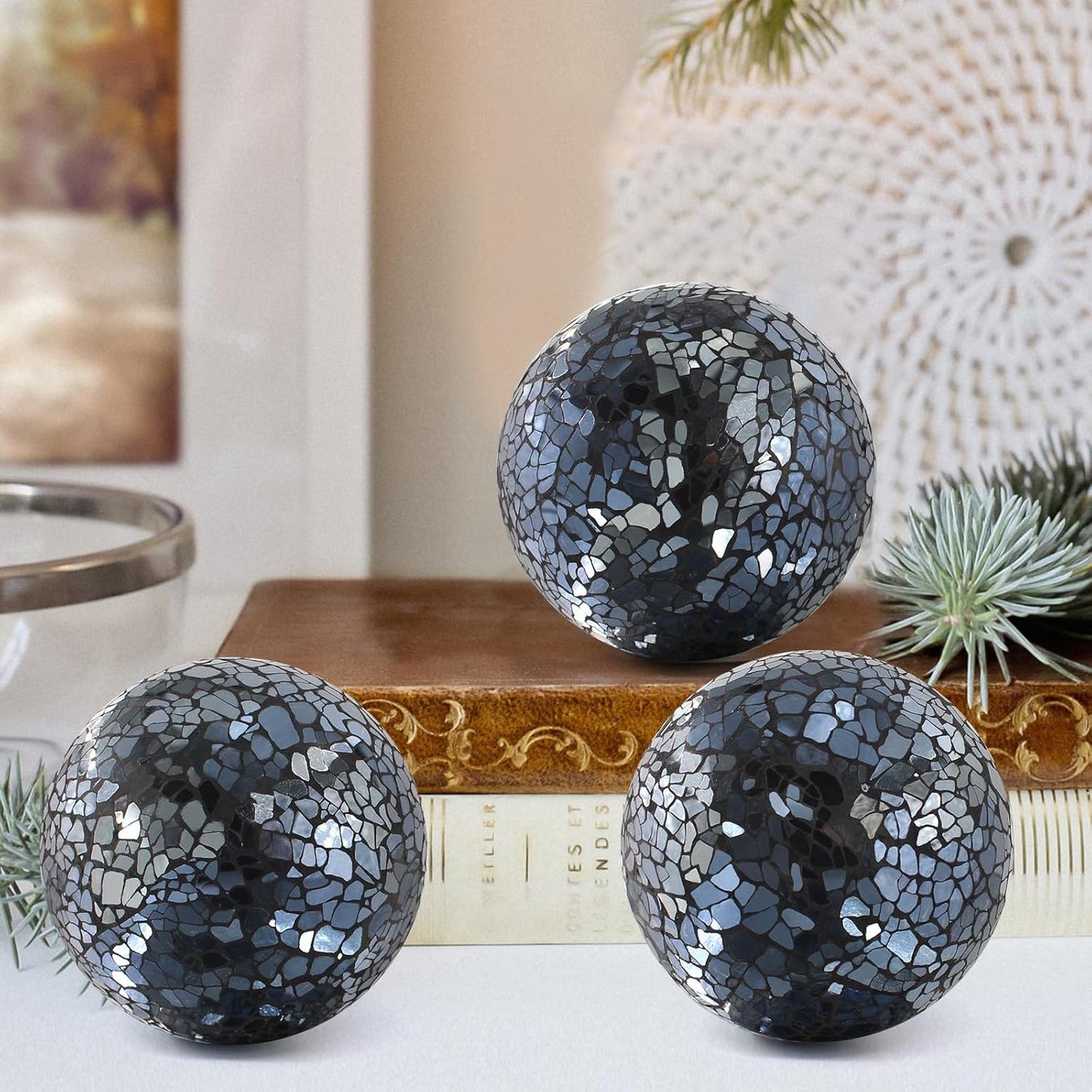 3Pcs Mosaic Glass Orbs Decorative Balls Set 8.5cm/3.35inch Blue Sphere Wedding Party Home Decor Table Centerpiece