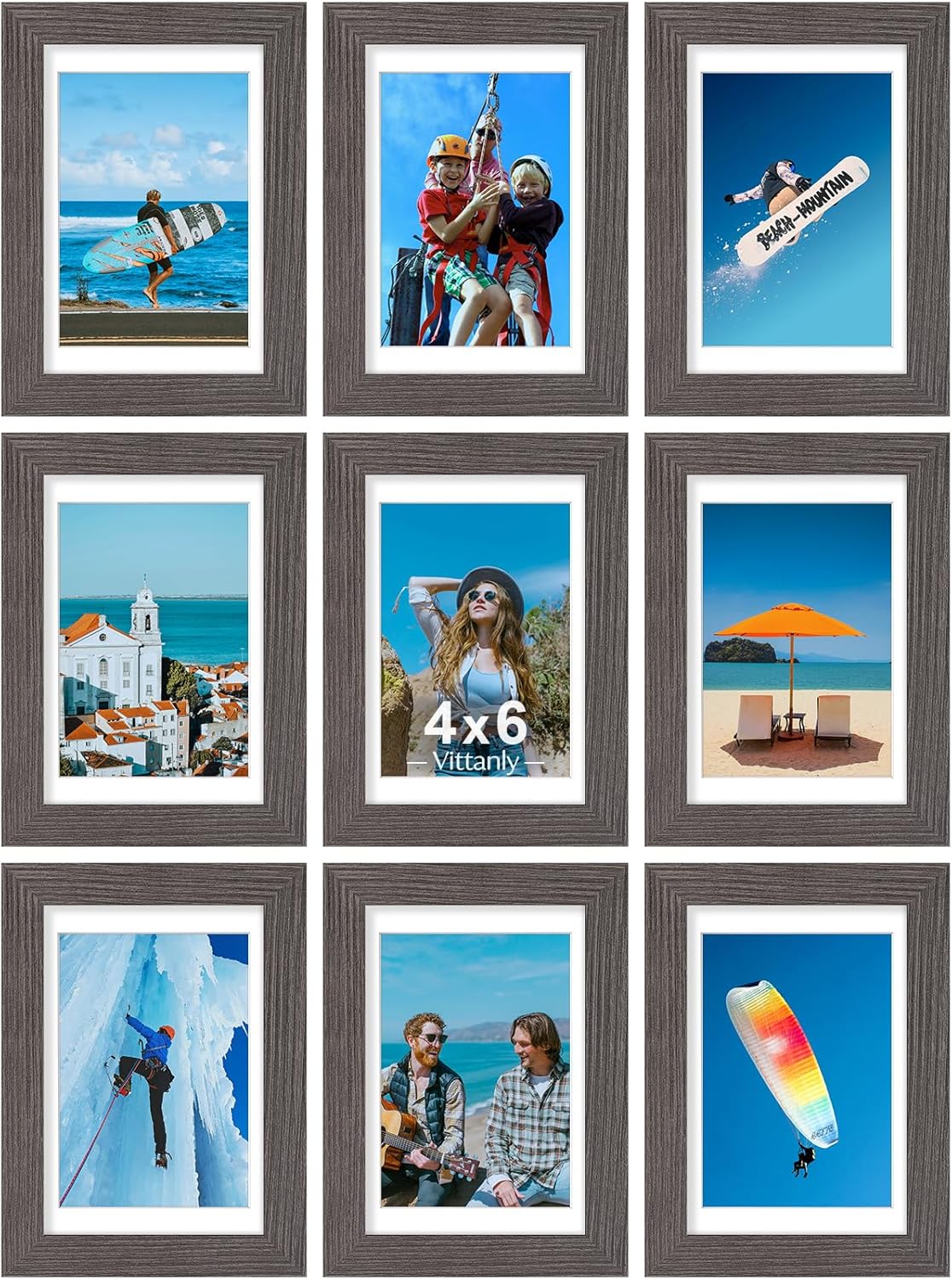 Vittanly 8x10 Picture Frames Set of 9, Shatter Resistant Plexiglass, Display 5x7 Pictures with Mat or 8x10 without Mat, Photo Frames for Wall or Tabletop, Engineered Wood, Black - Colors B