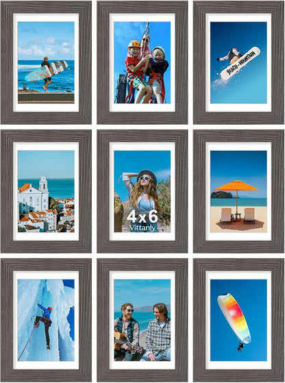 Vittanly 8x10 Picture Frames Set of 9, Shatter Resistant Plexiglass, Display 5x7 Pictures with Mat or 8x10 without Mat, Photo Frames for Wall or Tabletop, Engineered Wood, Black - Colors B