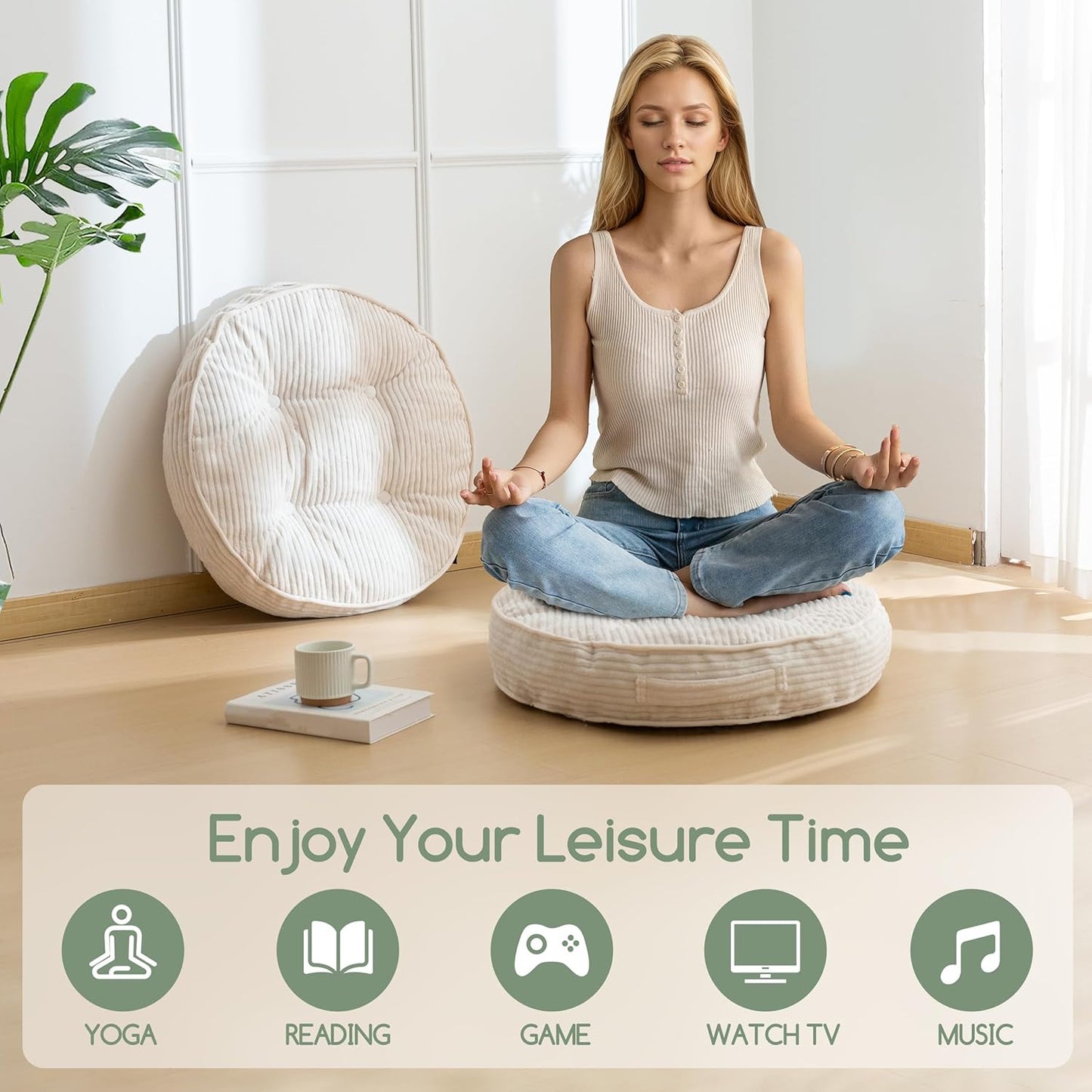 HIGOGOGO 6" Extra Thick Floor Pillow Cushion for Adults, Meditation Cushion Pillow, Large Square Floor Sitting, Tufted Corduroy Cover, for Tatami Living Room or Yoga, 22x22 Inch, 2Pack, Dark Grey