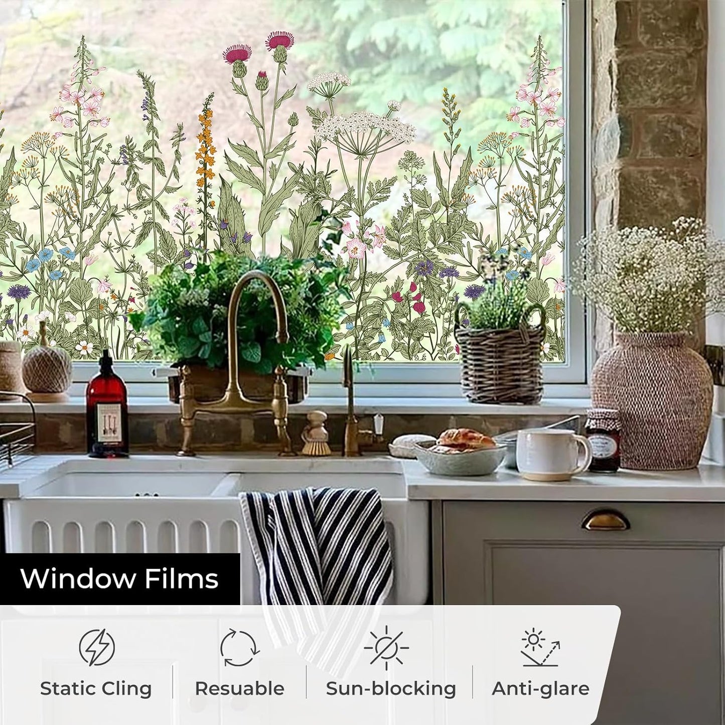 ADD.HERES Window Privacy Film,Colorful Floral Window Stickers,Removable DIY Bouquet Static Clings, Decals for Home School Office Party Supplies, Wildflower Reverie‌, 17.5 x 78.7 in