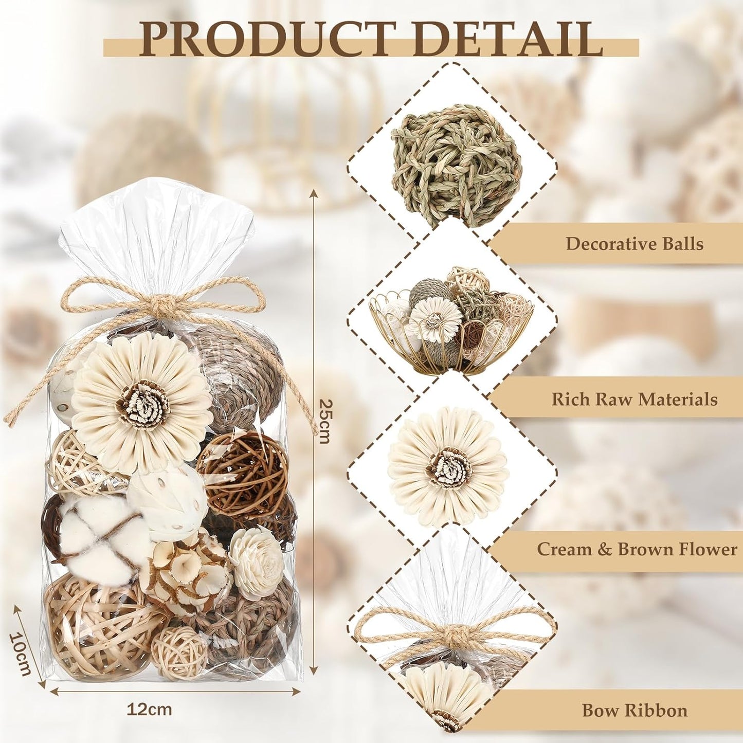 Riceshoot 2 Pack Decorative Balls Potpourri Bowl Filler Decor Natural Vase Bowl Filler Assorted Spherical Rattan Twigs Wicker Balls Cotton for Home Centerpiece(White)