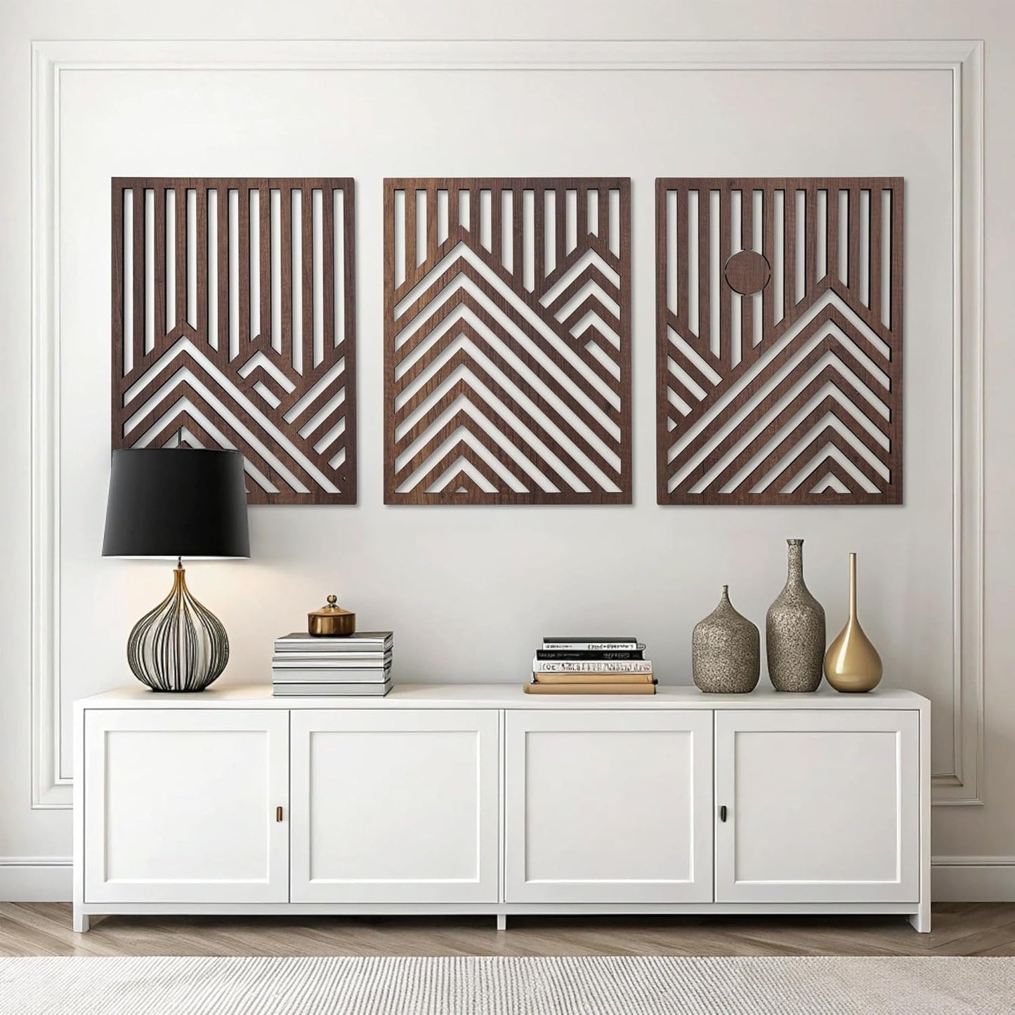 qmmp Modern Wooden Wall Sculptures - Set of 3 - Home Decor Accent - Large Wall Art for Living Room, Bedroom, Office - Easy Installation (Oak, Medium - Mountain and Sun)