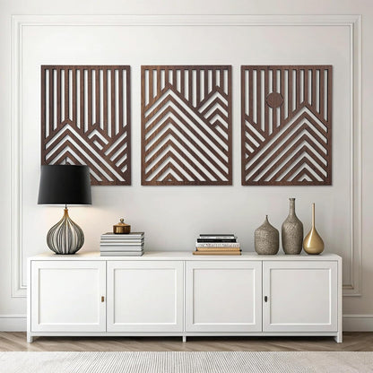 qmmp Modern Wooden Wall Sculptures - Set of 3 - Home Decor Accent - Large Wall Art for Living Room, Bedroom, Office - Easy Installation (Oak, Medium - Mountain and Sun)