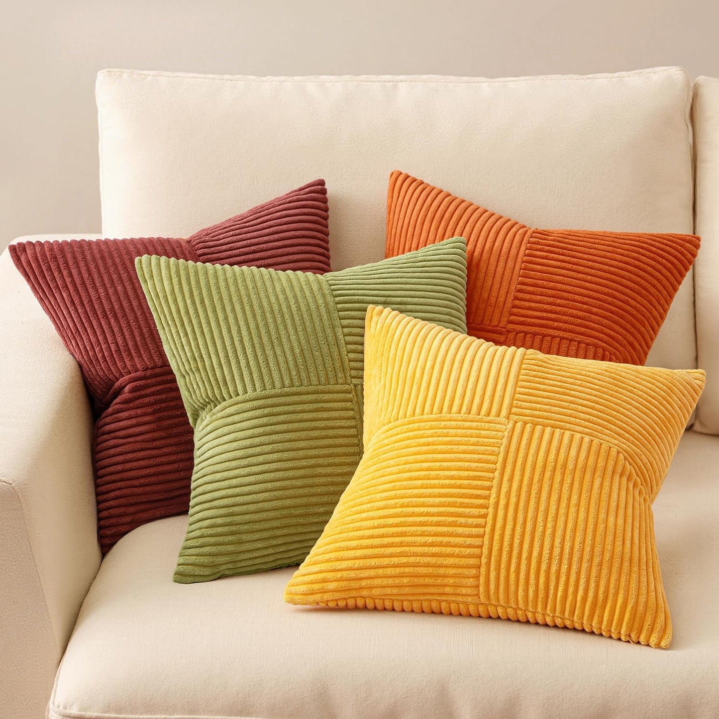 MIULEE Teal Orange Decorative Throw Pillow Covers 18x18 Inch Set of 4 Boho Corduroy Striped Cushion Cases Modern Farmhouse Patchwork Pillow Cases for Couch Sofa Bedroom Home Decor